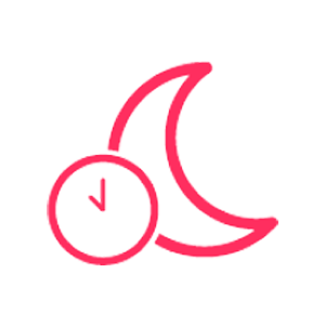 Pink crescent moon graphic with a small overlaid clock face.